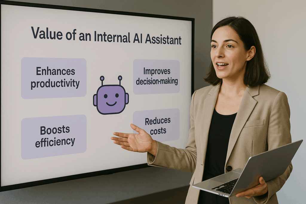 A professional woman in a beige blazer presents a slide showing the value of an Internal AI Assistant, highlighting benefits like enhanced productivity, improved decision-making, boosted efficiency, and reduced costs.