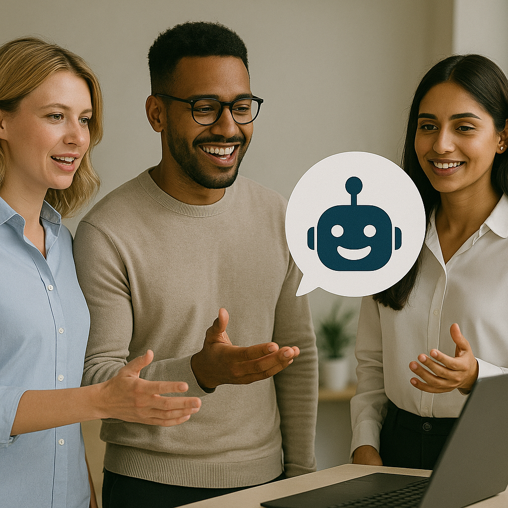 Three diverse staff members interacting with a chatbot in an office setting, standing around a laptop and collaborating with the AI assistant.